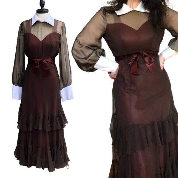 Vtg 60s/70s Wednesday Addams Goth Prairie Tiered Ruffle Contrast Trim Maxi Dress - Picture 3 of 17